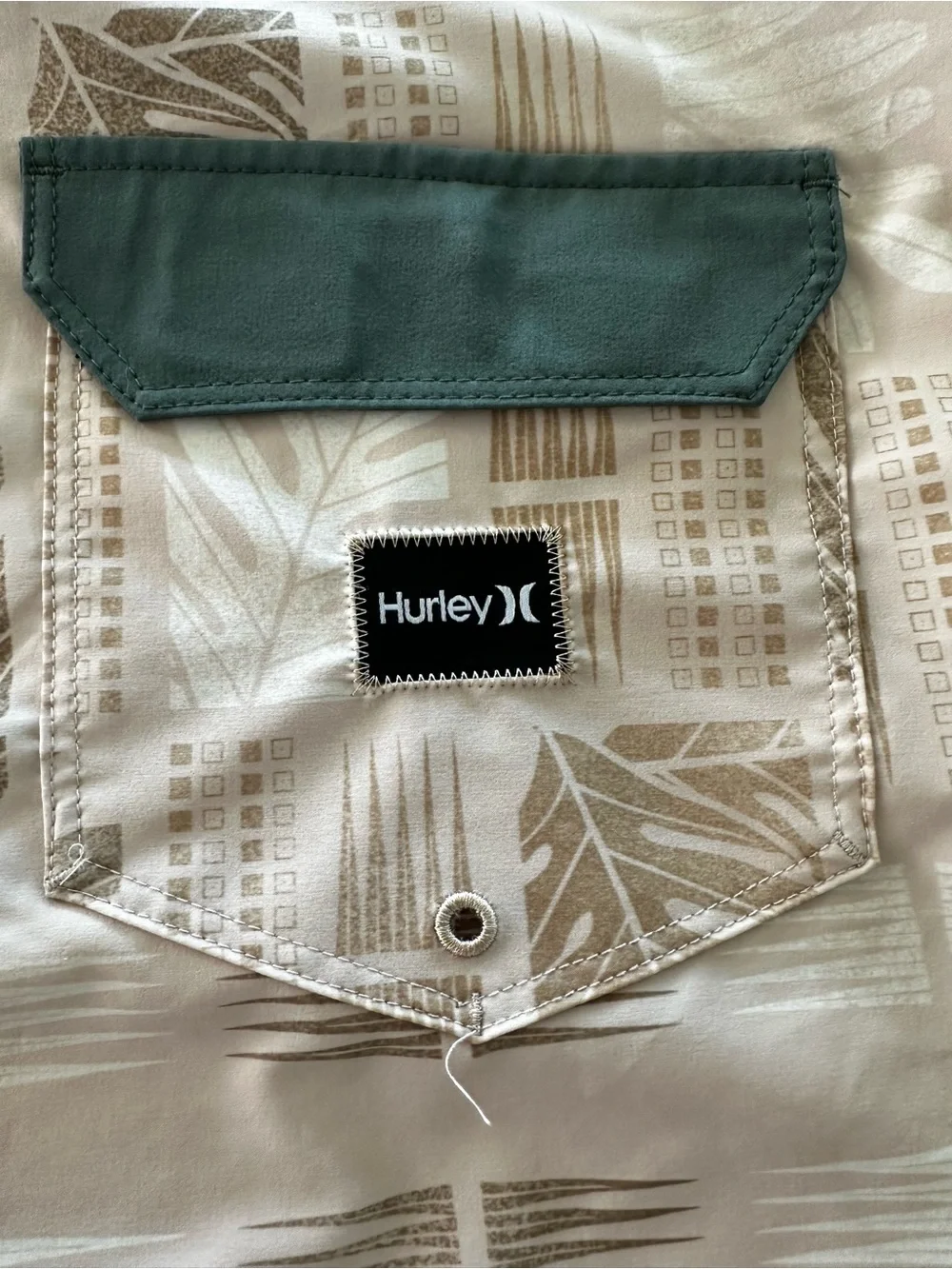 Hurley Sage Green and Beige Patterned Board Shorts Pocket Detail Size 36